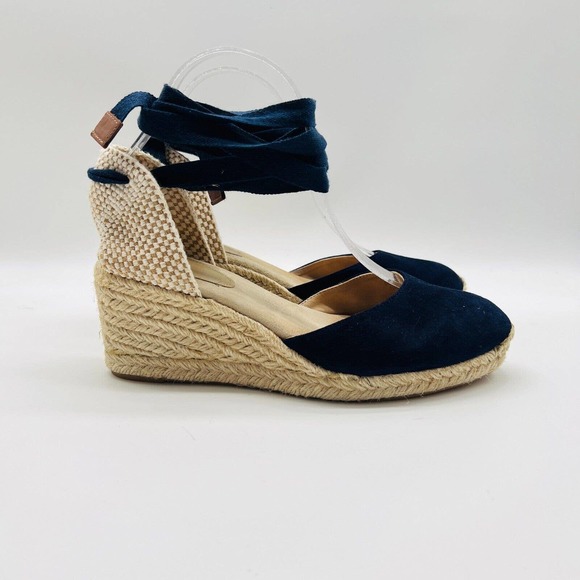 Boden Shoes - Boden Shoes Womens 7.5 EU 38 Blue Suede Espadrille Wedge Lace Up Ankle Tie Heel